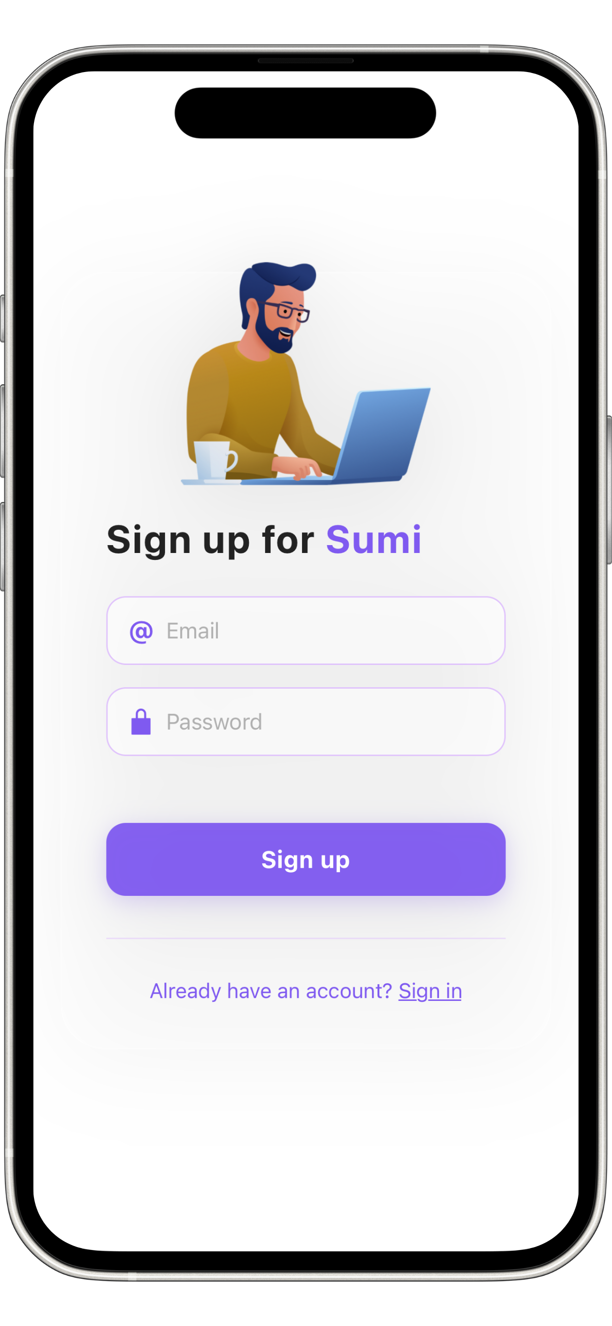 Sumi sign up screen with clean interface and privacy focus